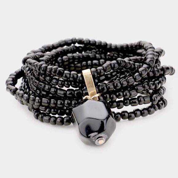 Black Multi Strand Natural Stone Stretch Bracelet - Picture 1 of 6